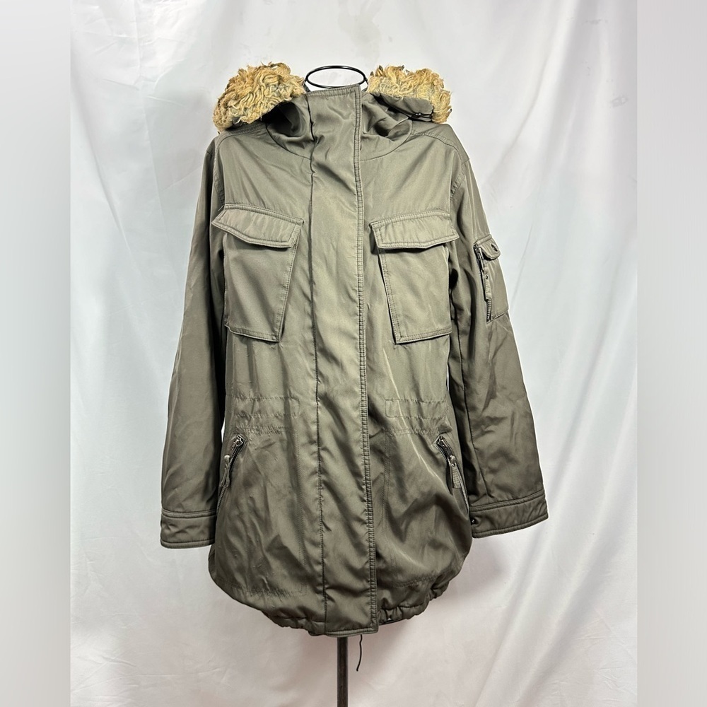 S13 faux fur lined hooded anorak jacket in olive green size M